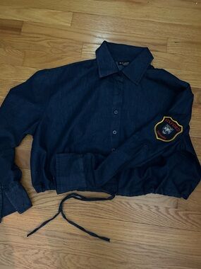 Oxford Embroidered Navy Button-Down Crop Shirt